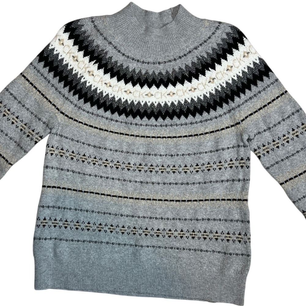 Calvin Klein Mock Neck Fair Isle Sweater Light Gray Women's Size S Cotton Blend